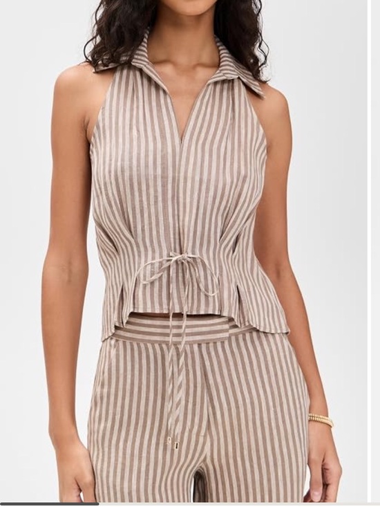 Hevron Tops - NWT Hevron Sleeveless Drawstring Linen Top in Chocolate Stripe